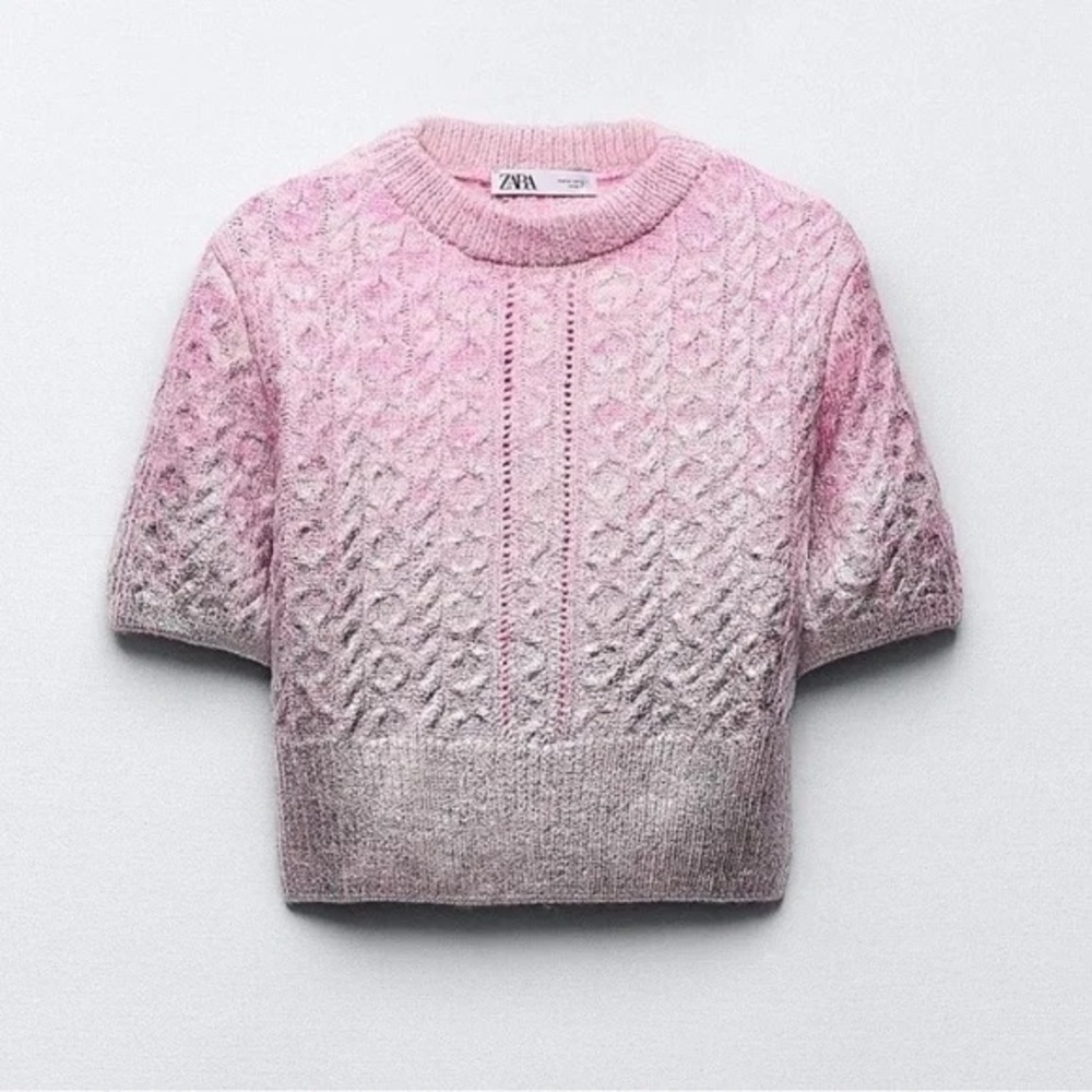Zara Pink Metallic Short-Sleeve Cable Knit Sweater - Picture 3 of 17